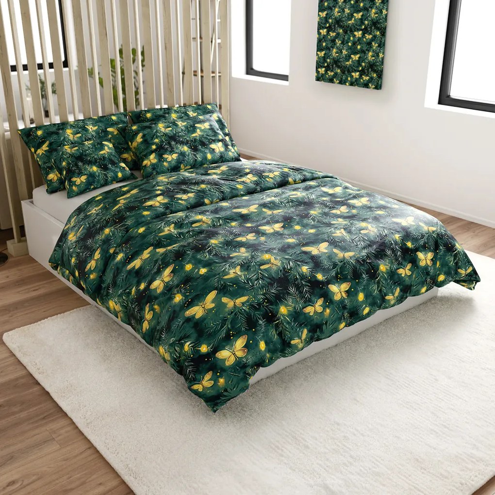 Mikroplüss ágyneműhuzat szett YELLOW BUTTERFLY sötétzöld + mikroplüss lepedő SOFT 90x200 cm fehér, egyszemélyes