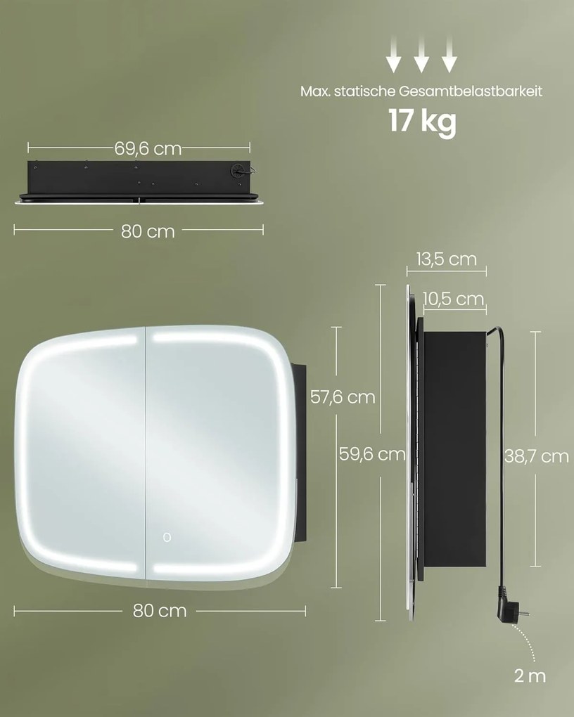 Tükörszekrény világítással, Fali szekrény, AC csatlakozóval és 2 USB porttal, fekete Outlet