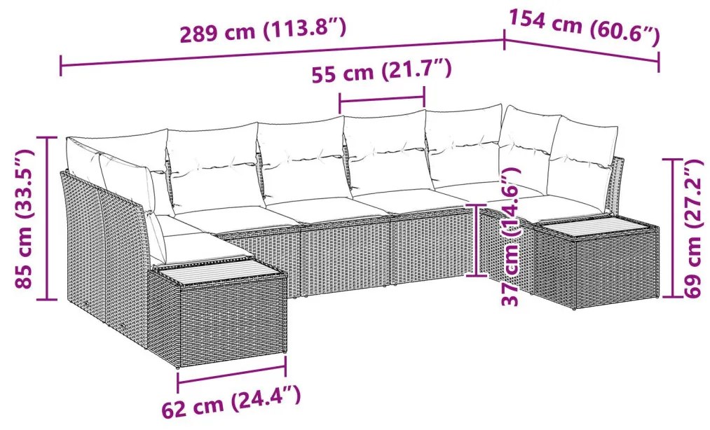 7 Darabos Kerti Kanapé Szett Párnákkal Bézs Poly Rattan Akác