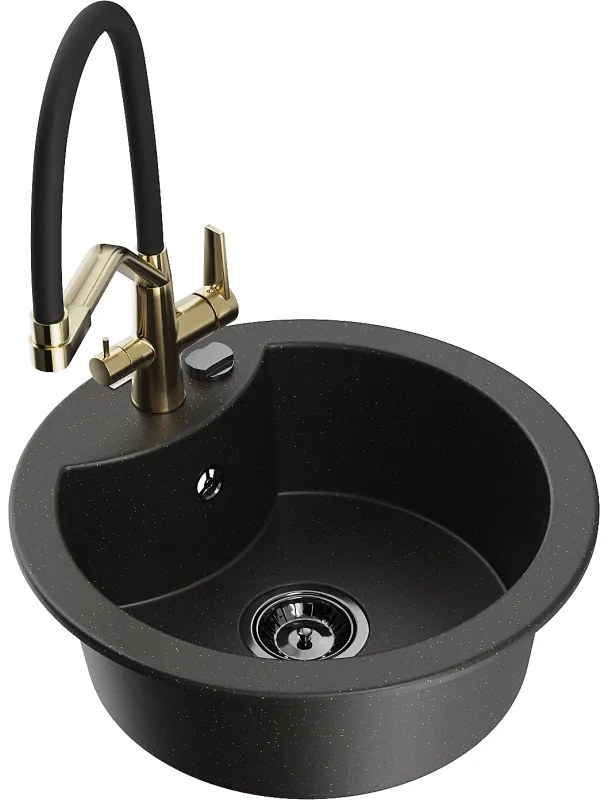 Mexen Diego egymedencés gránit mosogató Duo konyhai csappal, fekete/arany metál - 6512-75-671701-57-B