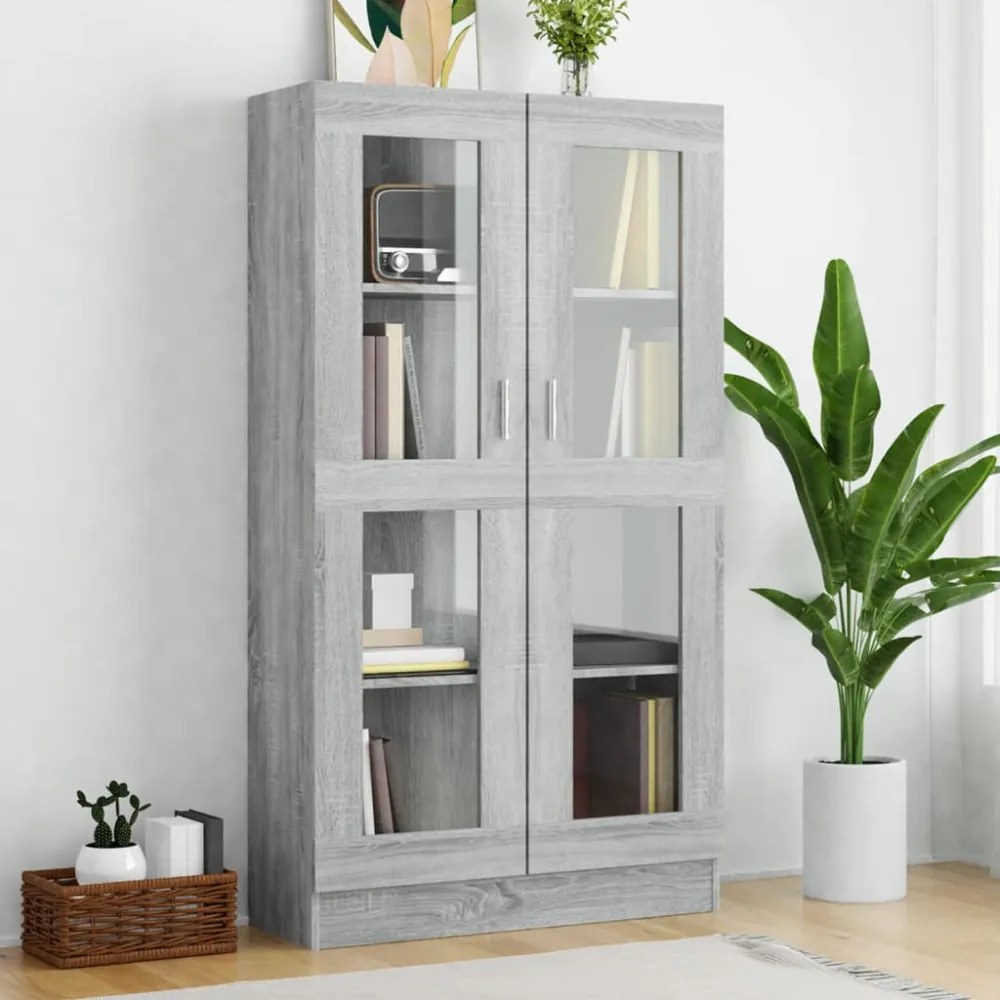 szürke sonoma színű szerelt fa vitrinszekrény 82,5x30,5x150 cm
