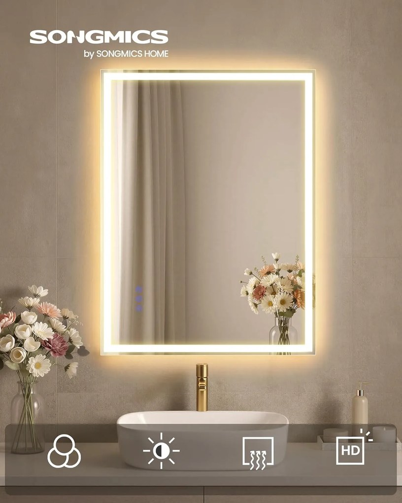 SONGMICS LED-es fürdőszobai tükör, 71x51 cm, páramentesítő funkció, fehér
