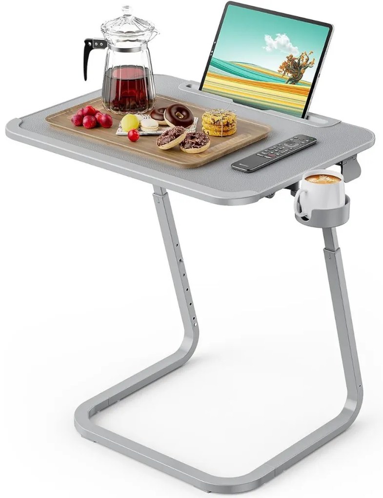 Állítható magasságú reggelizőasztal tablettartóval, szürke