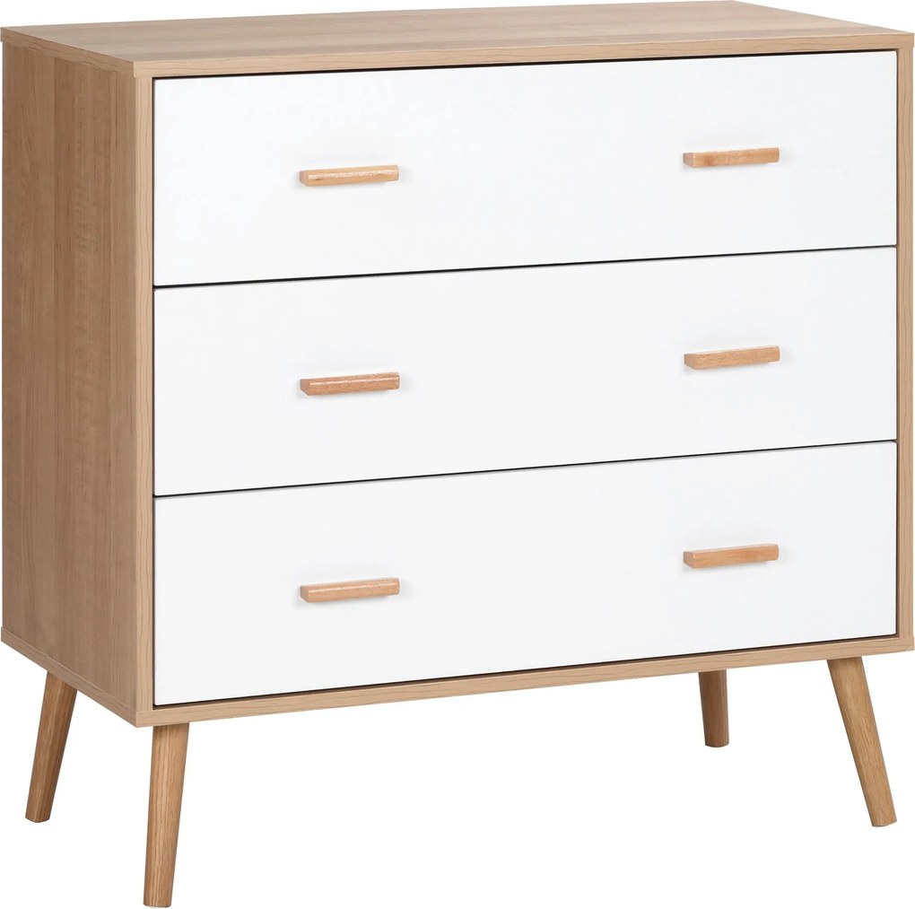 HOMCOM Fából készült Magas Fiókos Szekrény 3 Fiókkal Modern Tároló Szekrény Emelt Lábakkal Hálószobába vagy Nappaliba 80x39x80 cm Fehér és Természetes