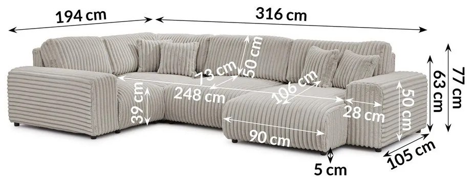 Világosszürke kordbársony sarokkanapé (bal oldali-U alakú) Justin – Ropez