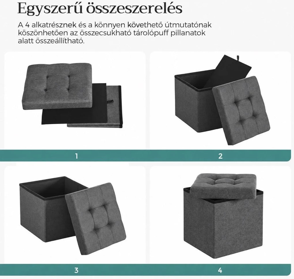 Összecsukható tárolópuff, 43 l, 38 x 38 x 38 cm, 300 kg statikus teherbírás, sötétszürke
