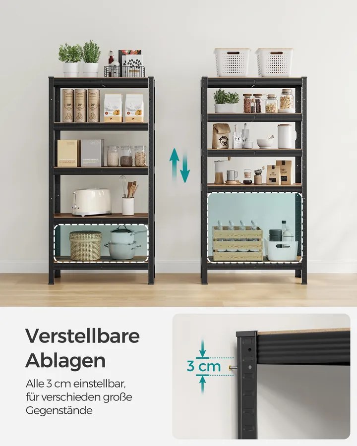 Nagy teherbírású tárolópolc, 5 állítható polccal, 650 kg teherbírás, 75 x 30 x 150 cm, rusztikus barna/fekete