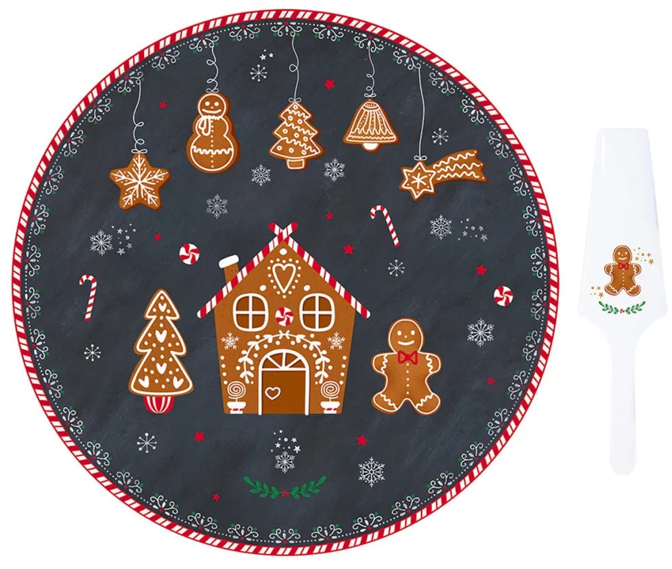 Porcelán tortatál lapáttal, 32cm, dobozban, Gingerbread