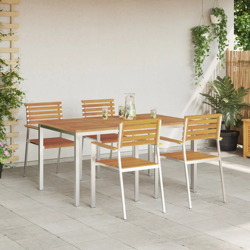 5 darabos kerti étkező szett tömör akácfából, Kültéri étkezőasztal 150x90x75 cm tömör akácfából, Összecsukható kerti székek 4 db tömör akácfa és acél