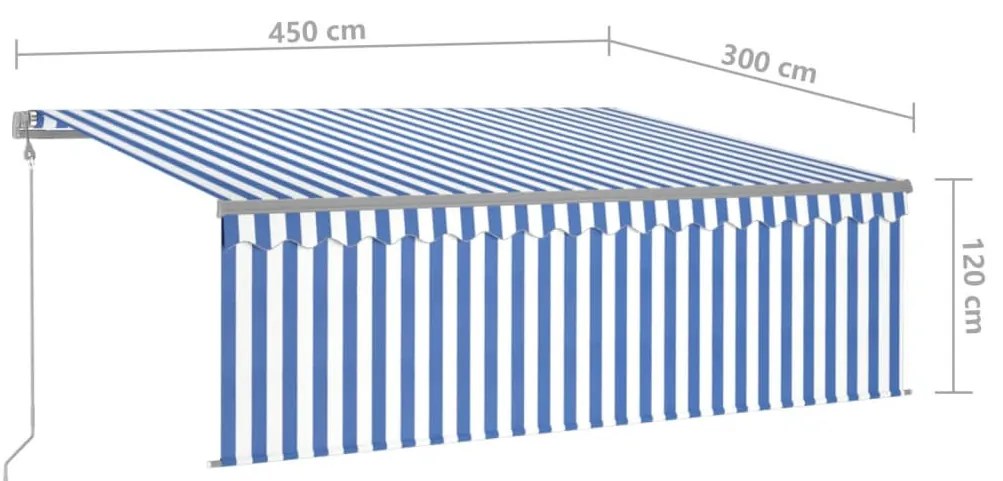 kék és fehér redőnyös, szélérzékelős, LED-es napellenző 4,5x3 m