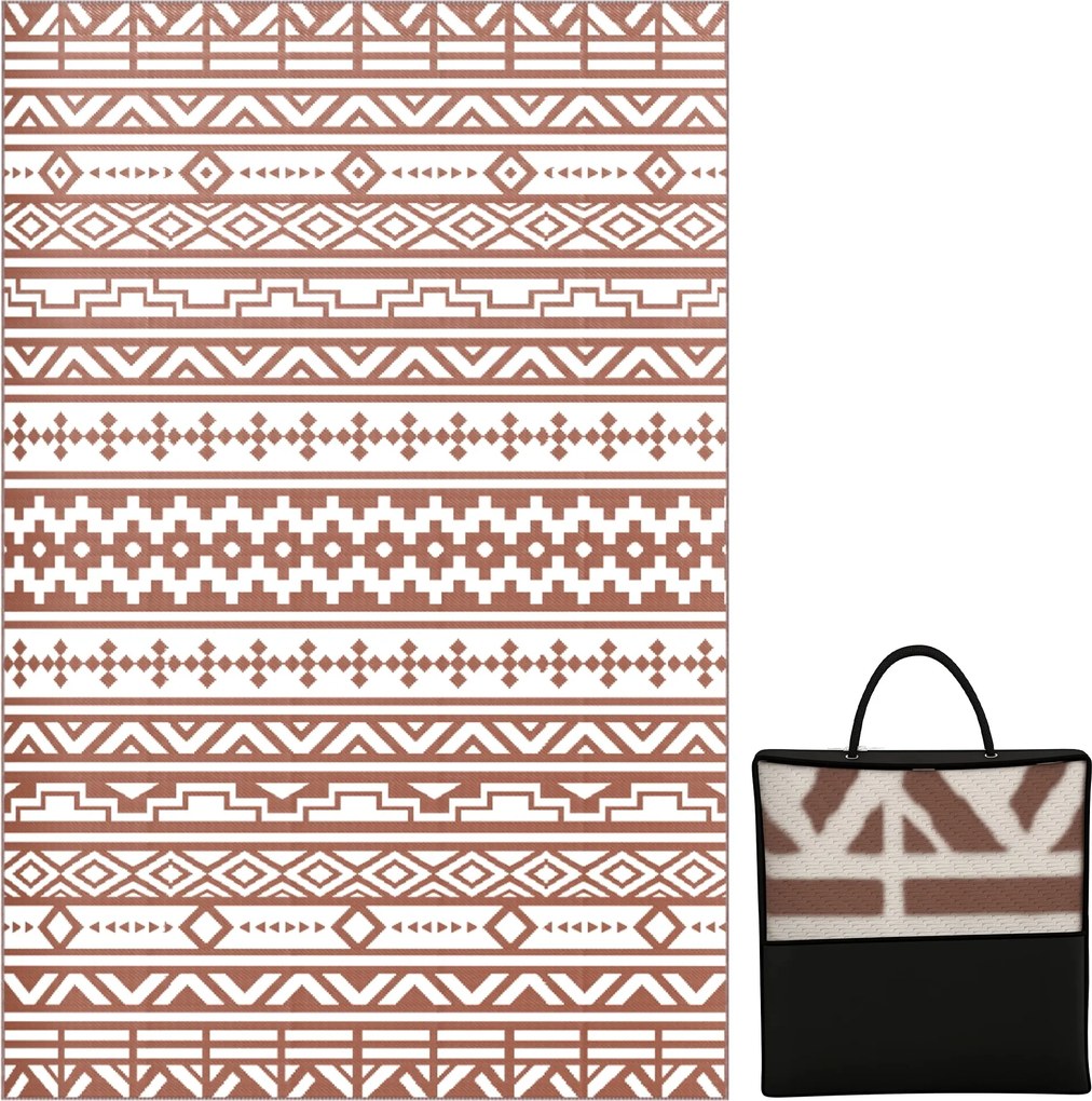 Outsunny Kétoldalas Kültéri Szőnyeg 1.8 x 2.7 m, időjárásálló PP geometrikus falmintás padlómatrac, hordtáskával, kültéri teraszszőnyeg, piros és fehé