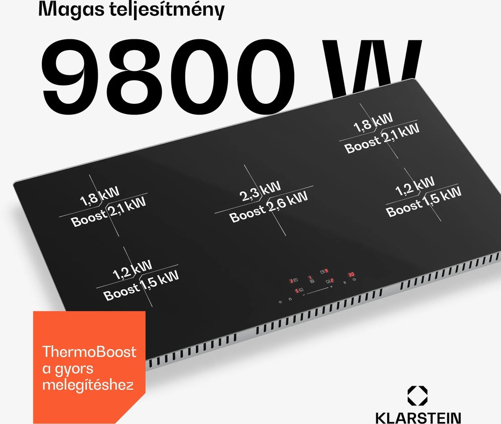 Klarstein PowerGlide indukciós főzőlap | karcálló felület | 5 főzőzóna | 9800 W | 90 cm