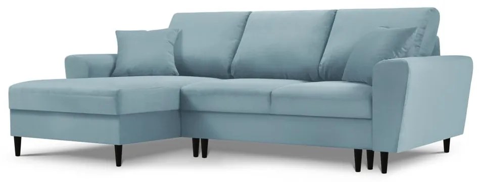 Világoskék kordbársony kinyitható tárolóhelyes sarokkanapé (bal oldali-heverő résszel) Kyoto – Cosmopolitan Design