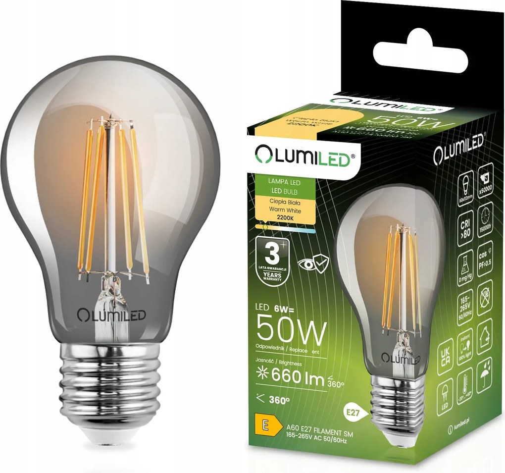 Led izzó E27 A60 6W 50W 660lm 2200K Meleg 360° Füst Filament