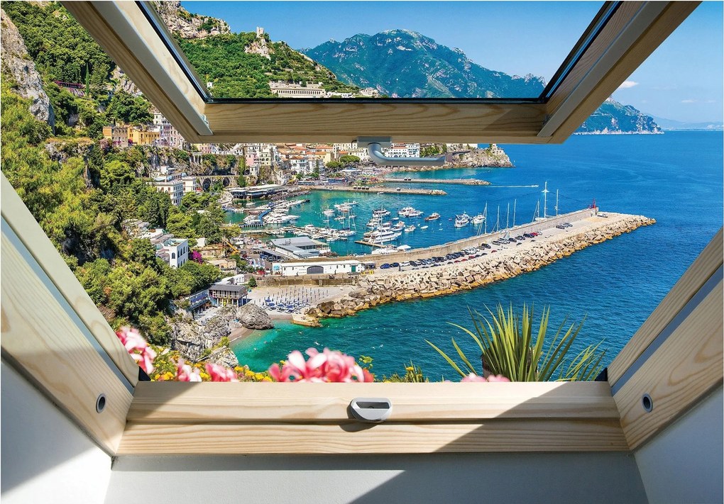 Fotótapéta Ablak Virágok Tenger Tájkép Provence Hegyek 460x300 vinil +ragasztó