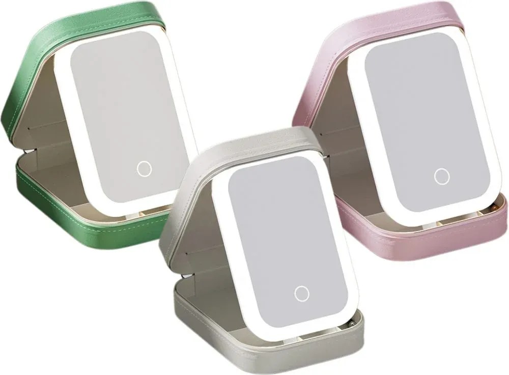 Utazó kozmetikai rendszerező beépített LED tükörrel és USB töltővel VERK - zöld