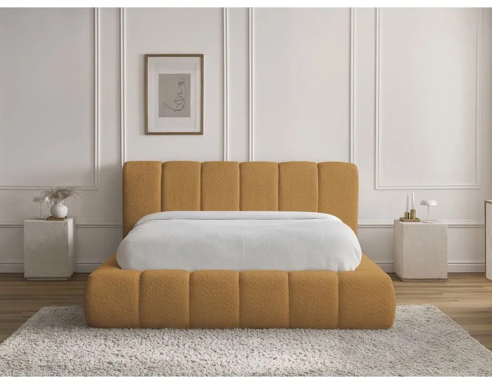 Mustársárga kárpitozott ágyneműtartós franciaágy ágyráccsal 140x190 cm Denali – Bobochic Paris