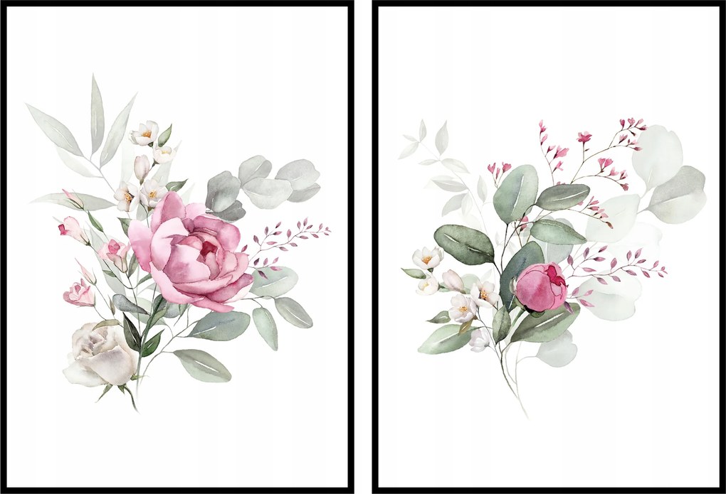 Virágok levelek 2db 13x18cm grafika botanika diptikus poszter falra