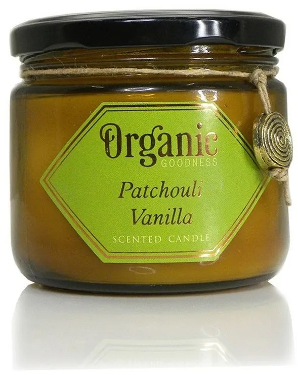 Organikus gyertya Patchouli Vanilla 200 gborostyánszínű üvegben