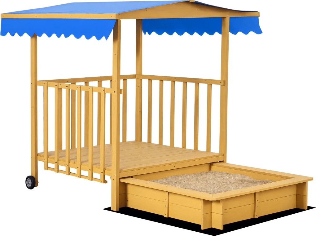 Outsunny Tetővel Ellátott Homokozó, Fa Homokozó Játszóházzal, 133 x 129 x 137.5 cm, Kerekekkel Gyerekeknek 3-8 Év, Kert, Természetes | Aosom