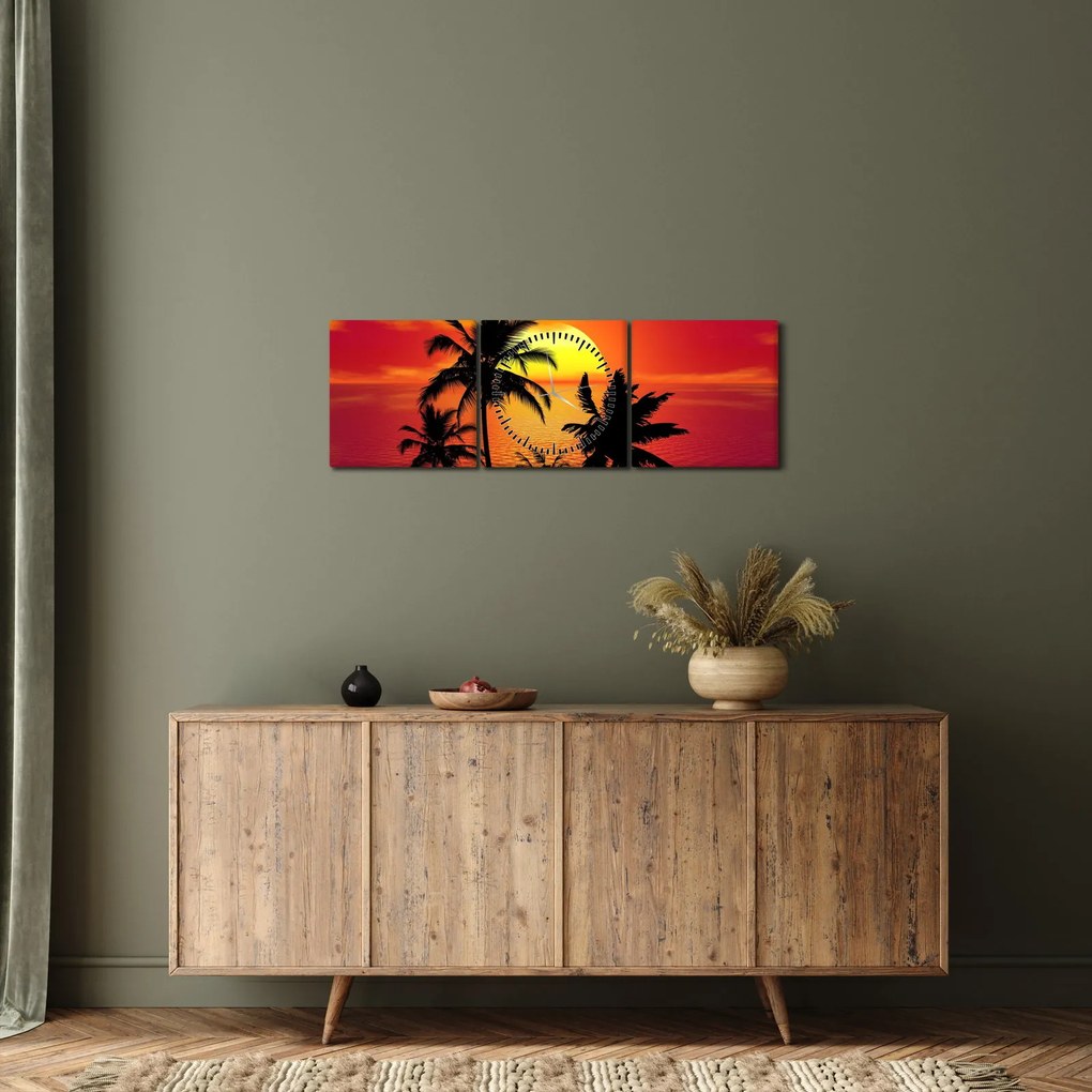 Egy sziget sziluettjének képe pálmafákkal (órával) (90x30 cm)