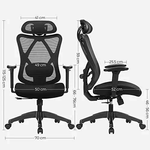 Irodai ergonomikus szék, állítható deréktámasszal és fejtámlával, fekete