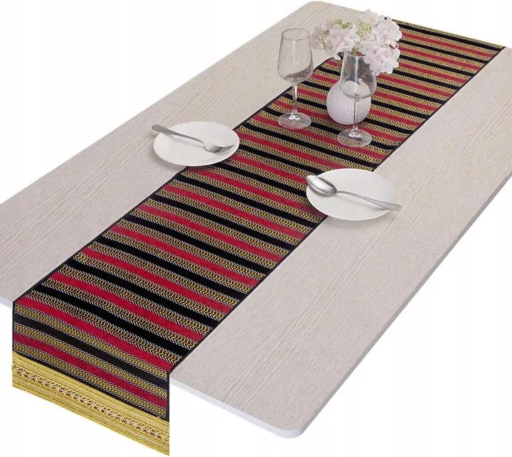 Boho stílusú csíkos asztali futó Szín Fekete-piros 34 x 178 cm