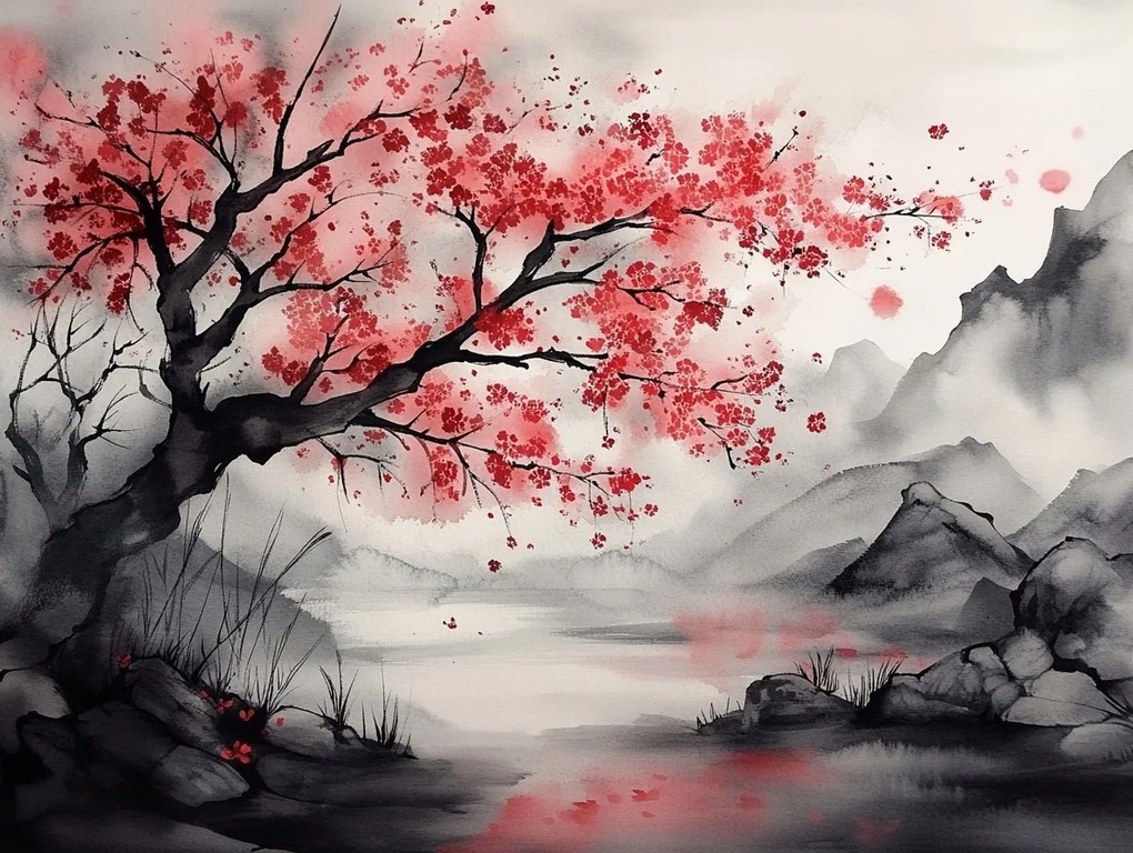 Vászonkép Canvas Ázsia Hegyek Tó Cseresznyefa Sakura Zen 100x75