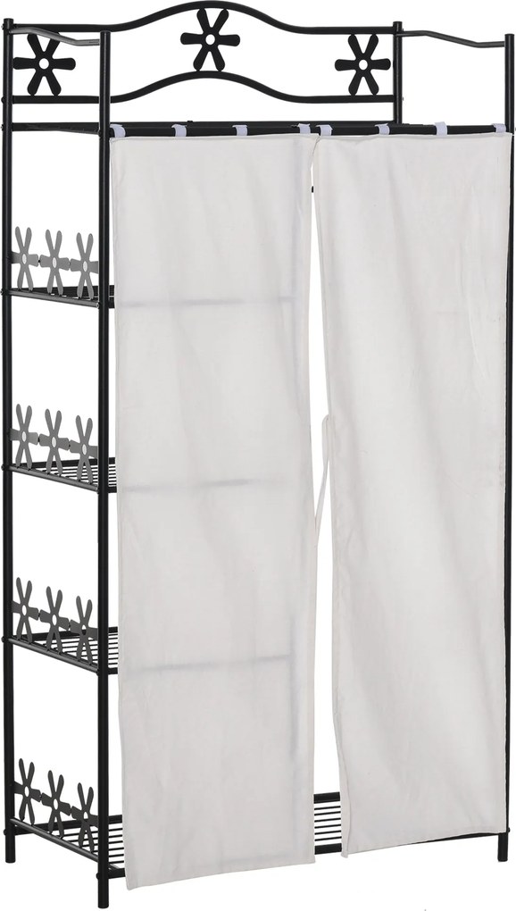 HOMCOM Felnőtt Hálószoba Szekrény Ruhásszekrény Többfunkciós Tároló 5 Polccal 84L x 42W x 159H cm Fekete Fém 2 Fehér Függönnyel | Aosom