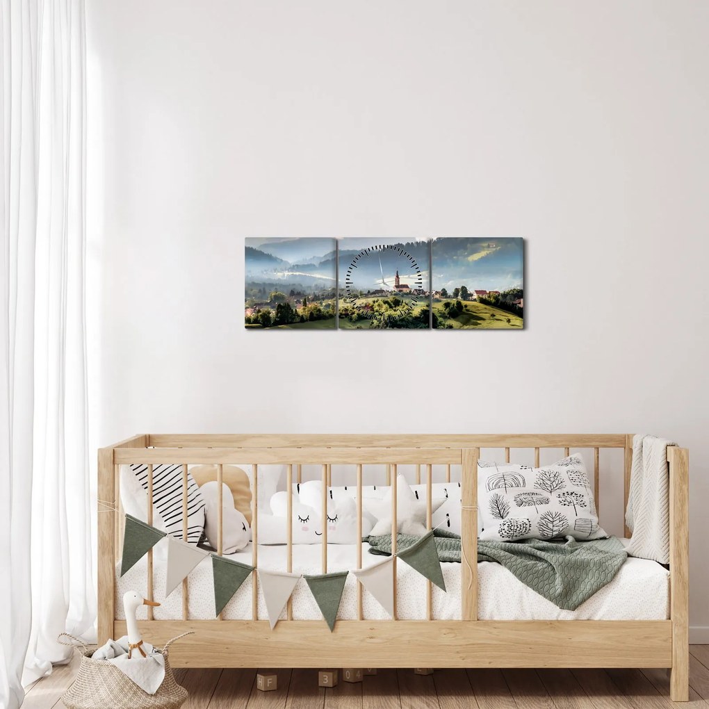 Kép - falu a ködben (órával) (90x30 cm)