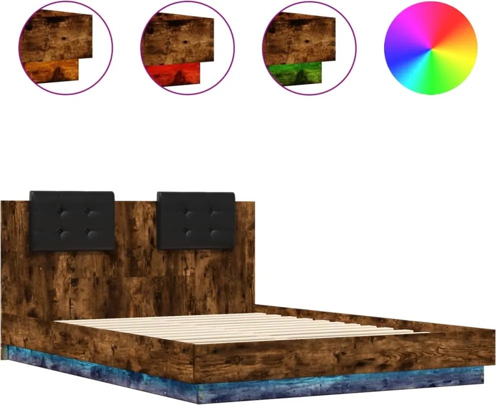 vidaXL füstös tölgy színű ágykeret fejtámlával és LED-ekkel 140x200 cm
