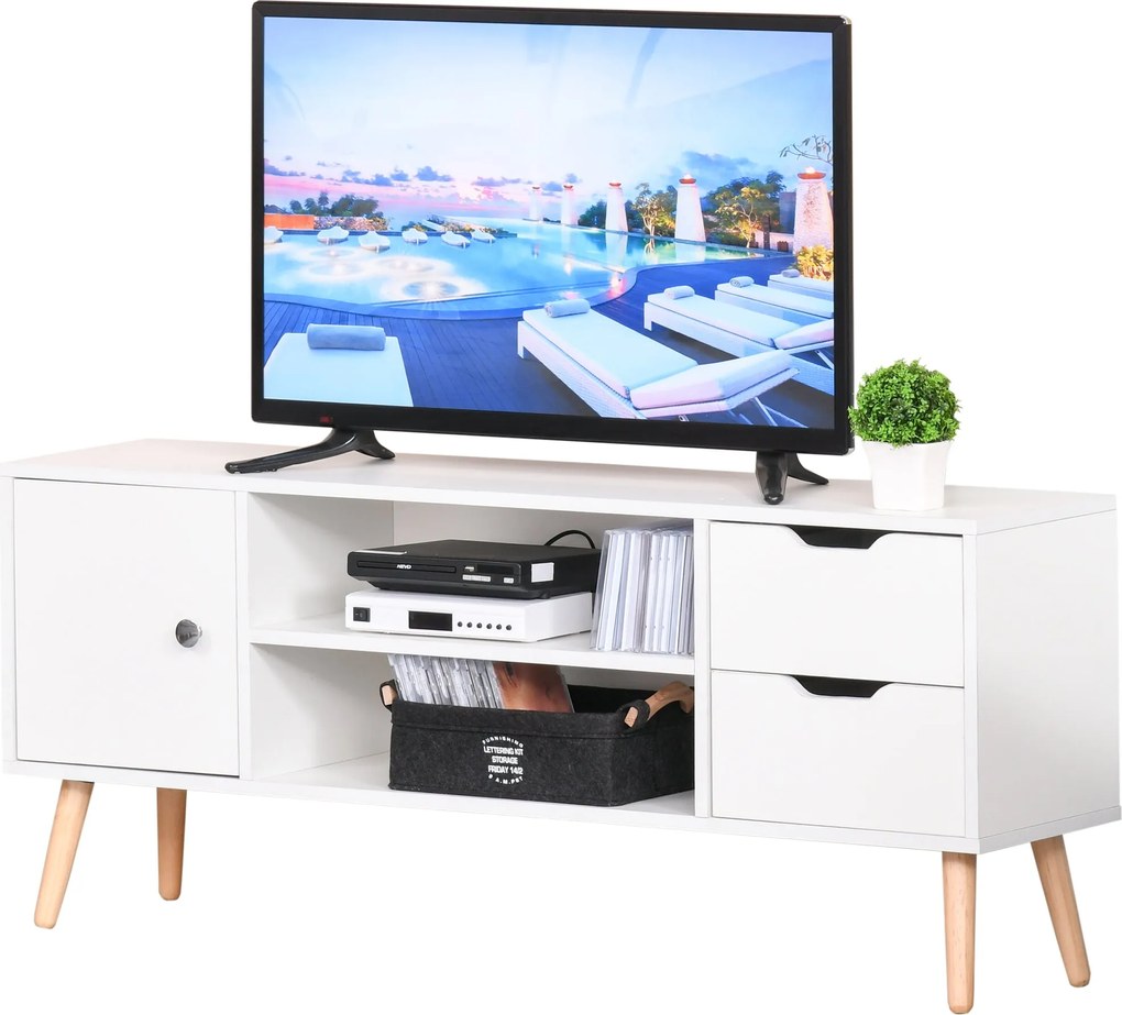 HOMCOM TV Állvány 50" TV-khez Modern Nappali Asztal 2 Nyitott Polccal és 2 Fiókkal 30 kg Terhelhetőséggel 120x28x44 cm Fehér | Aosom