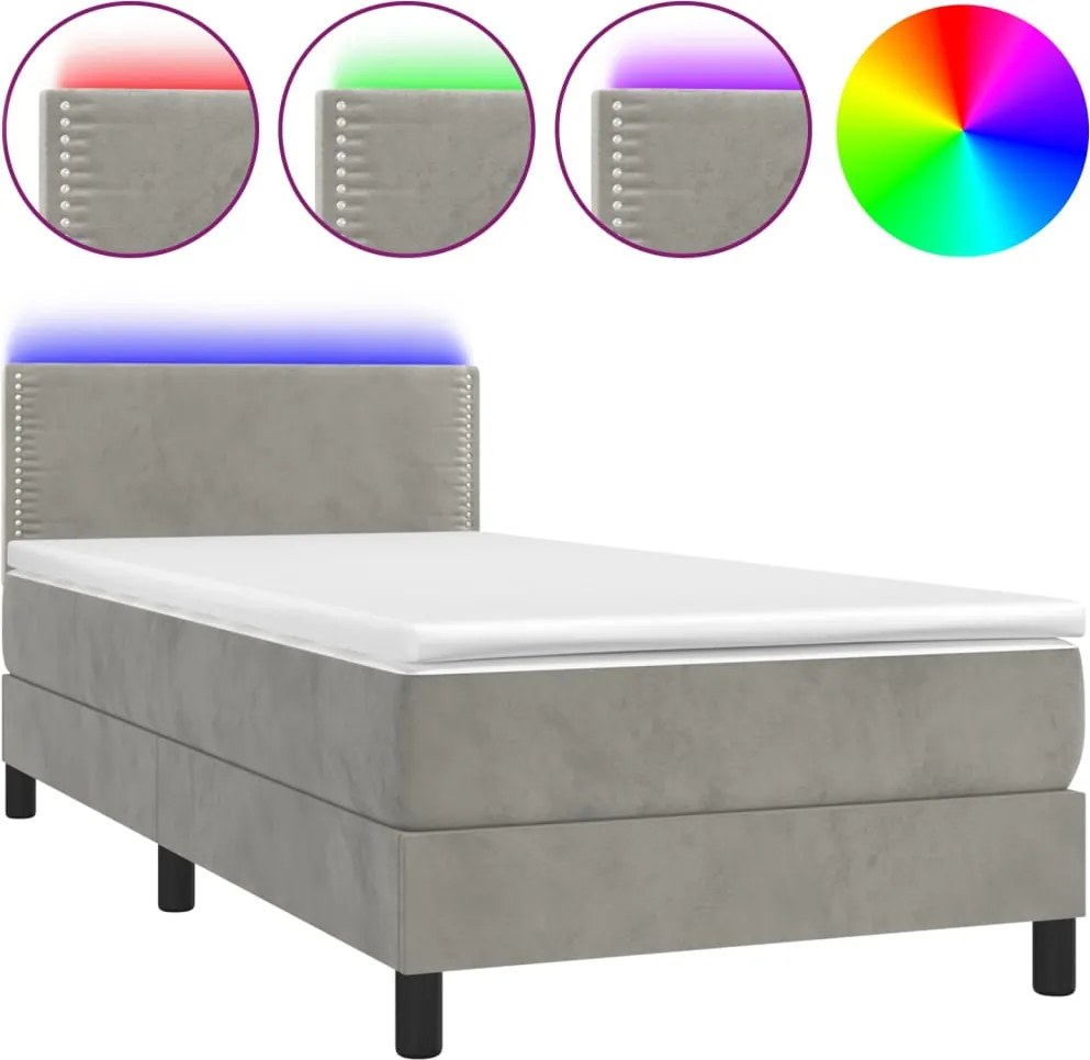vidaXL világosszürke bársony rugós és LED-es ágy matraccal 100x200 cm