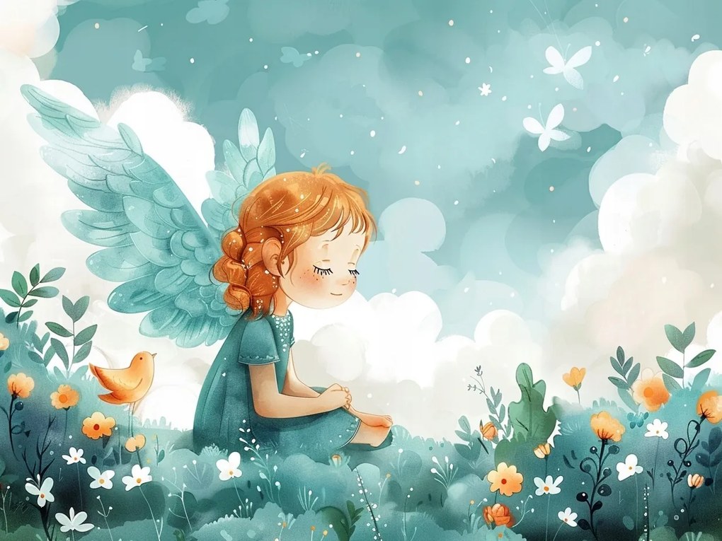 Vászonkép Canvas Grafika Gyerek Lány Angyal Rét Álom 100x75