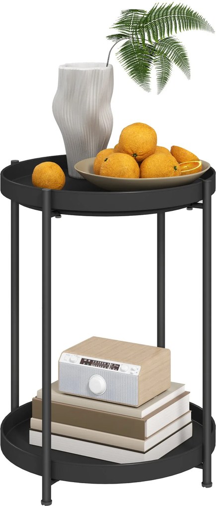 HOMCOM Kerek Kávézó Asztal 2 Polccal, Acélból Készült, Éjjeli Asztal 44 x 44 x 56 cm Fekete | Aosom