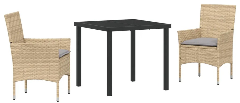 3 darabos Kerti Étkezőszett Párnákkal Bézs Műanyag Rattan, Kerti asztal Fekete 80x80x73 cm Edzett üveg