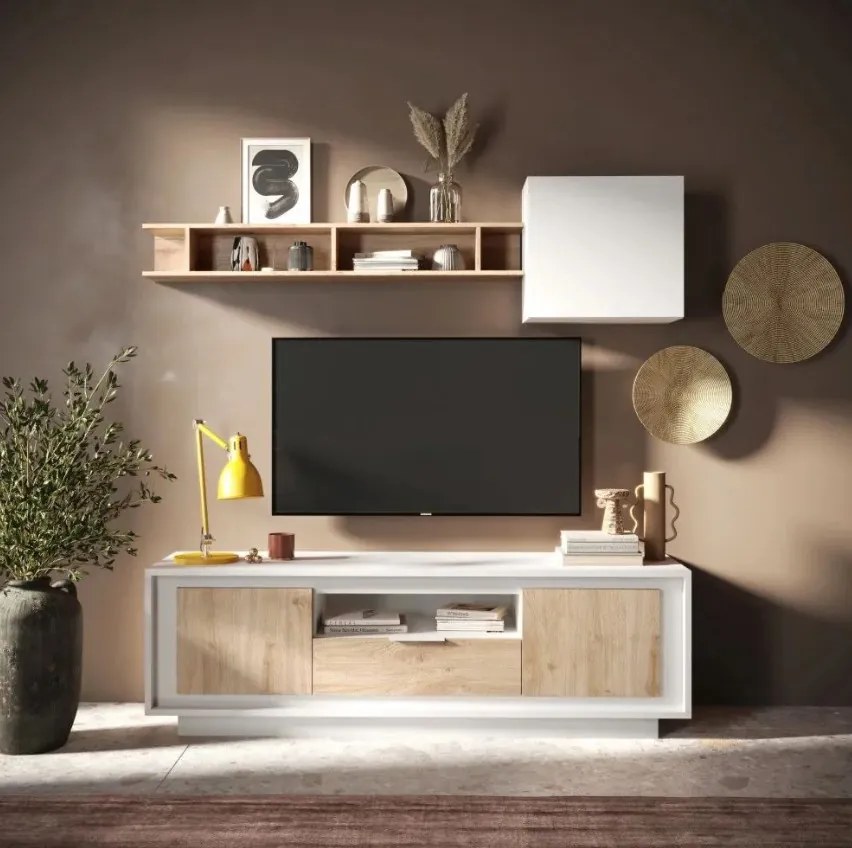 SKY 2.0 TV-szekrény 2 ajtóval és 1 fiókkal, fehér matt lakkozott vázzal, Cadiz tölgy mintázatú laminált előlapokkal