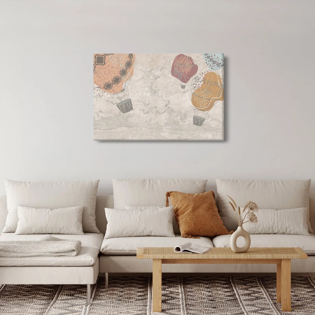 Kép - léggömbök a város felett , meleg tónusok (90x60 cm)