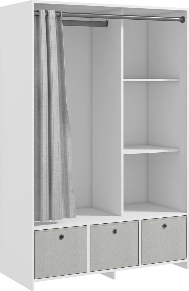 HOMCOM Szekrény, öltöző függönnyel, hálószobai ruhásszekrény, akasztós szekrény, 3 rekeszes, 3 levehető textil fiókkal - 105 x 48 x 160 cm, fehér | Ao