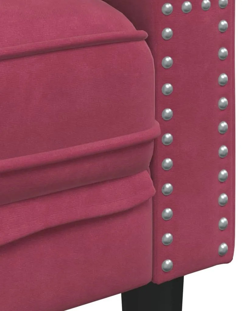 3 személyes bordó bársony Chesterfield kanapé hengerpárnákkal