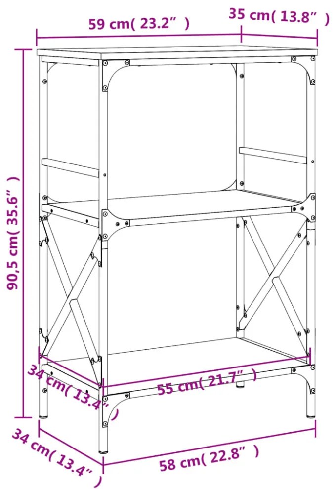 3 szintes barna tölgy szerelt fa könyvespolc 56 x 35 x 90,5 cm