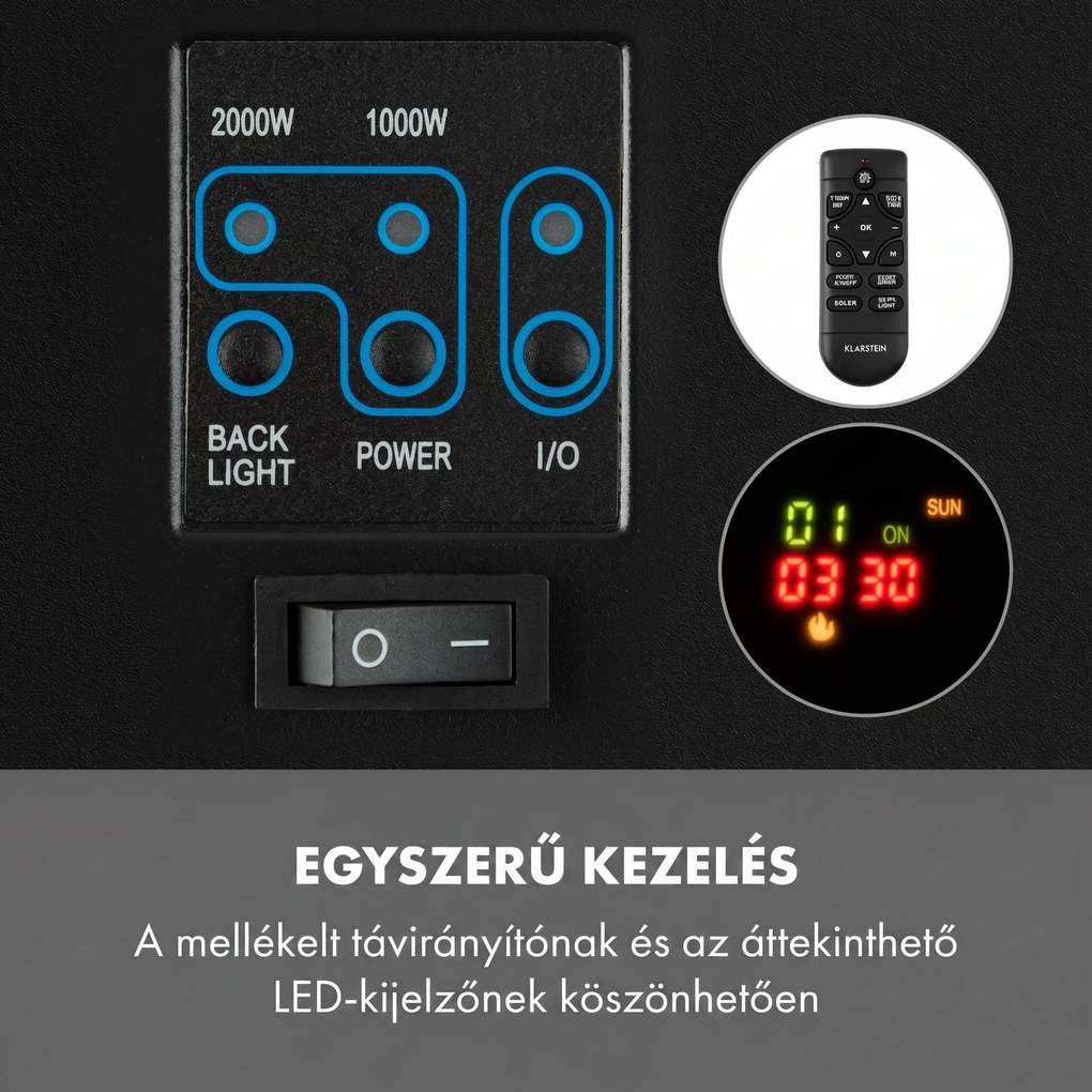 Klarstein Basel Baseline elektromos kandalló 2000 W, 2 fűtési fokozat, 7 szín, üveg