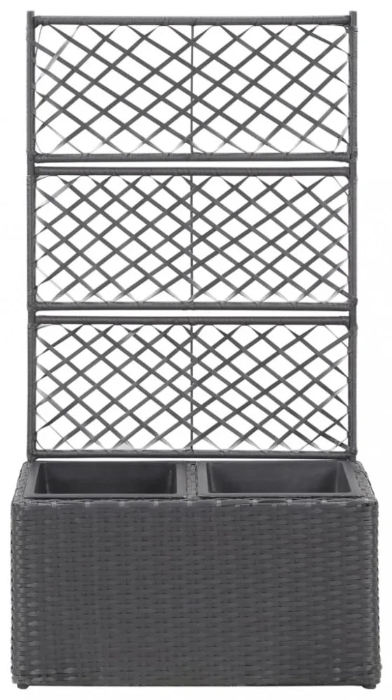 fekete rácsos polyrattan magaságyás 2 kaspóval 58 x 30 x 107 cm
