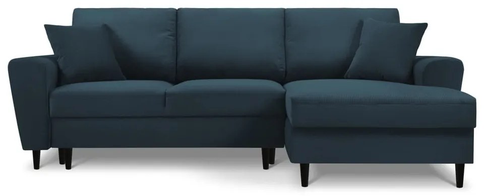 Sötétkék kordbársony kinyitható tárolóhelyes sarokkanapé (jobb oldali-heverő résszel) Kyoto – Cosmopolitan Design