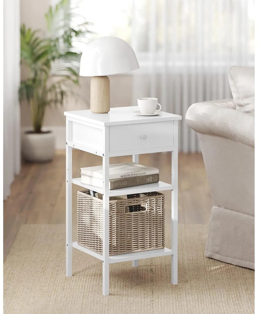 Lerakó asztal, éjjeli szekrény, fiókos, két polccal, 35 x 35 x 70 cm, fehér