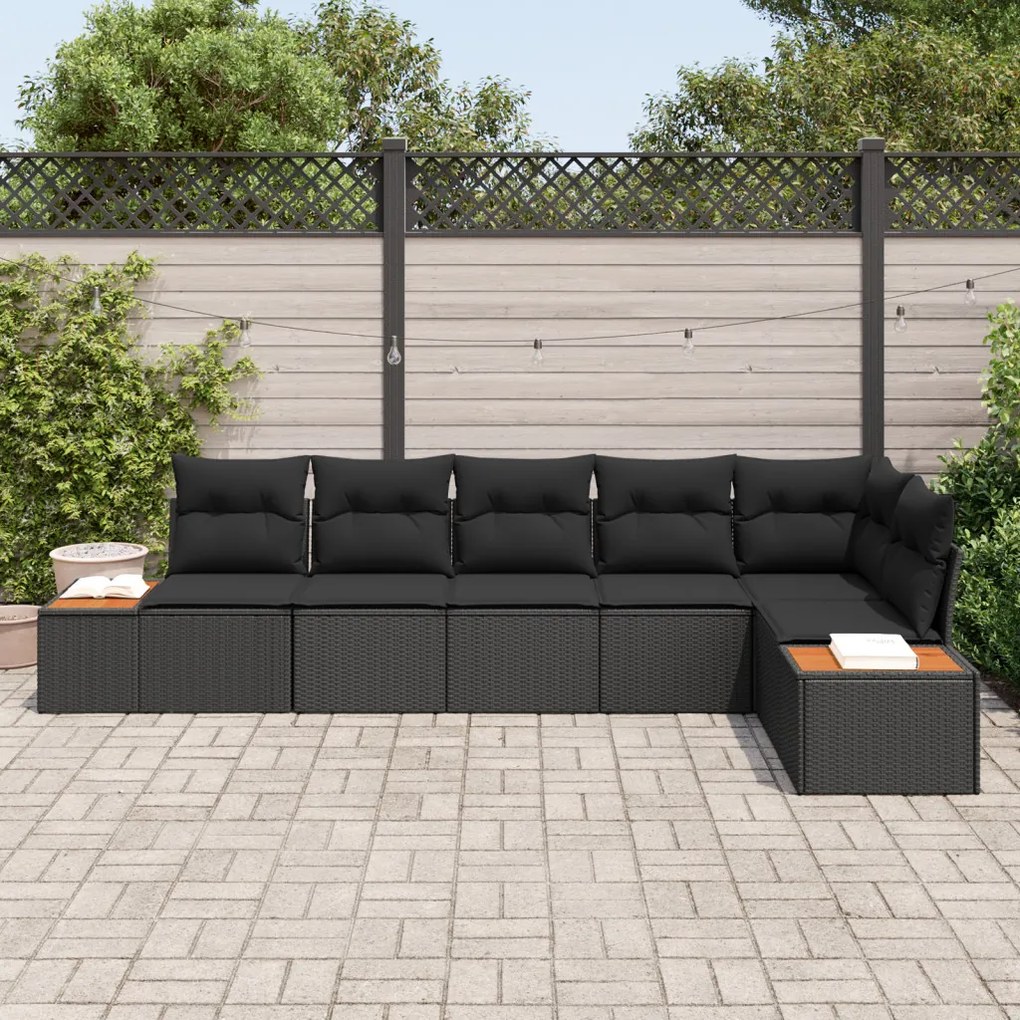 6 Darabos Kert Kanapé Szett Párnákkal Fekete Poli Rattan Acacia