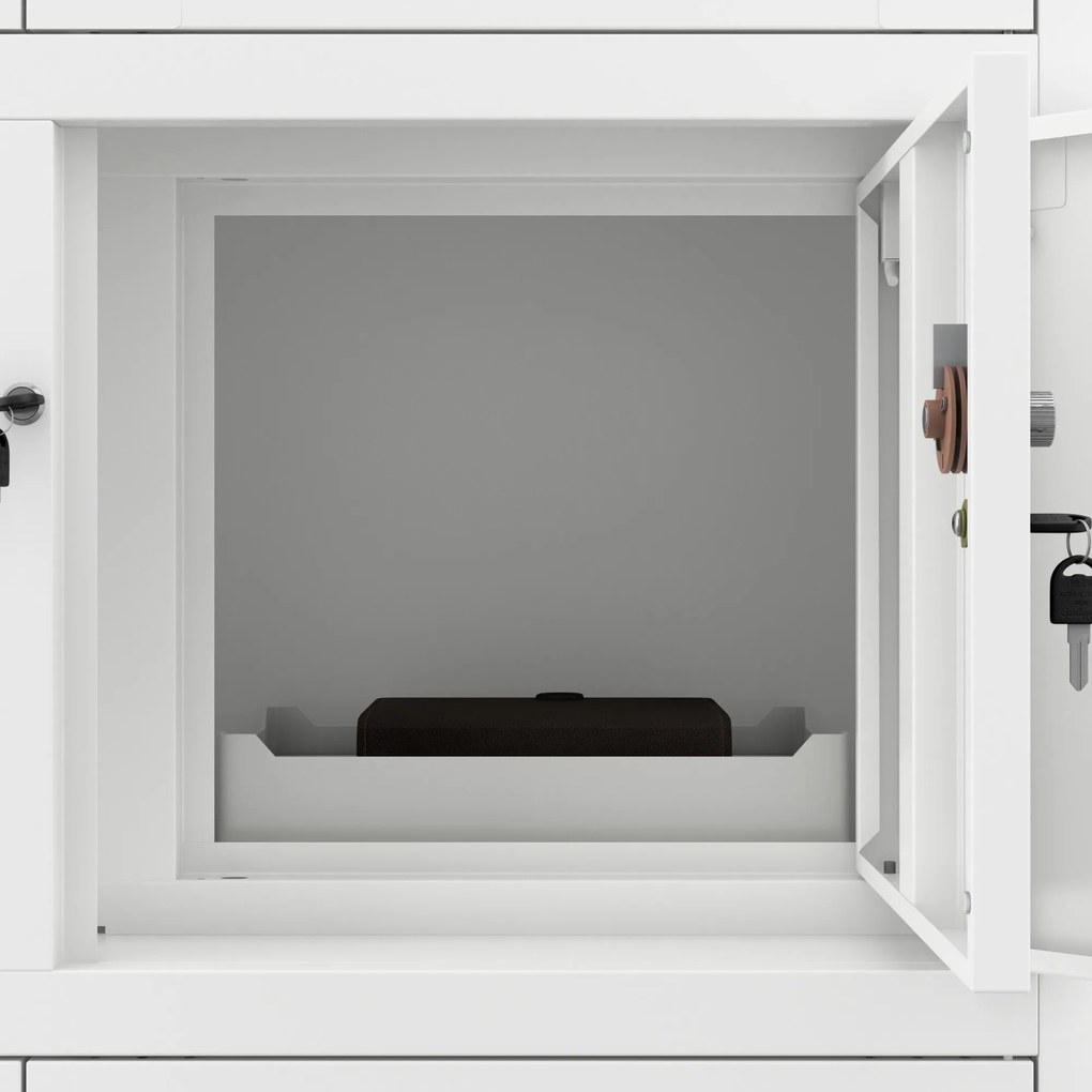 Fém iratszekrény széffel, vitrinnel és fiókokkal FILIP, 900 x 1850 x 400 mm, fehér