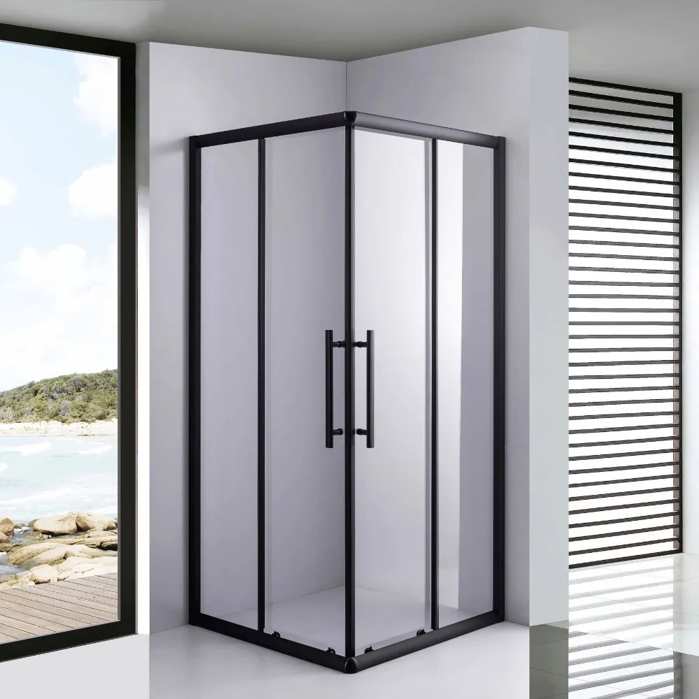 Stuxi Nizza Black 70x70 cm szögletes két tolóajtós zuhanykabin 6 mm vízlepergető biztonsági üveggel, fekete elemekkel, 190 cm magas, zuhanytálcával és szifonnal