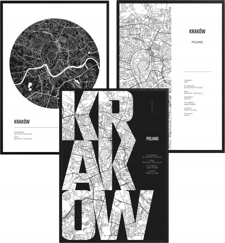 Poszter szett Krakkó Várostérkép Fekete-fehér Loft stílus az irodába