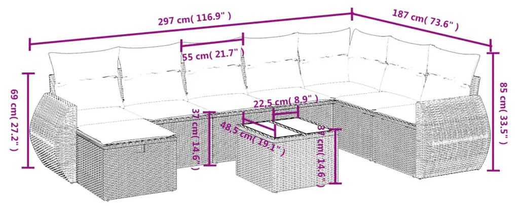 9 részes világosszürke polyrattan kerti ülőgarnitúra párnával